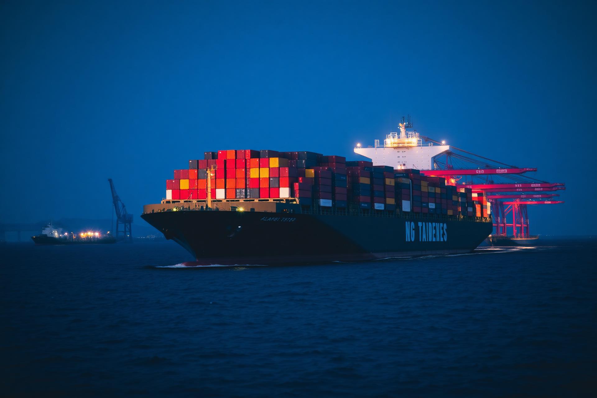 Navă de containere în port la asfințit